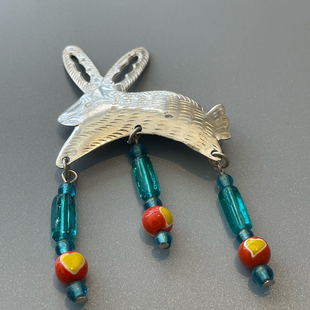 Artistic Silver Rabbit Pin with Beads